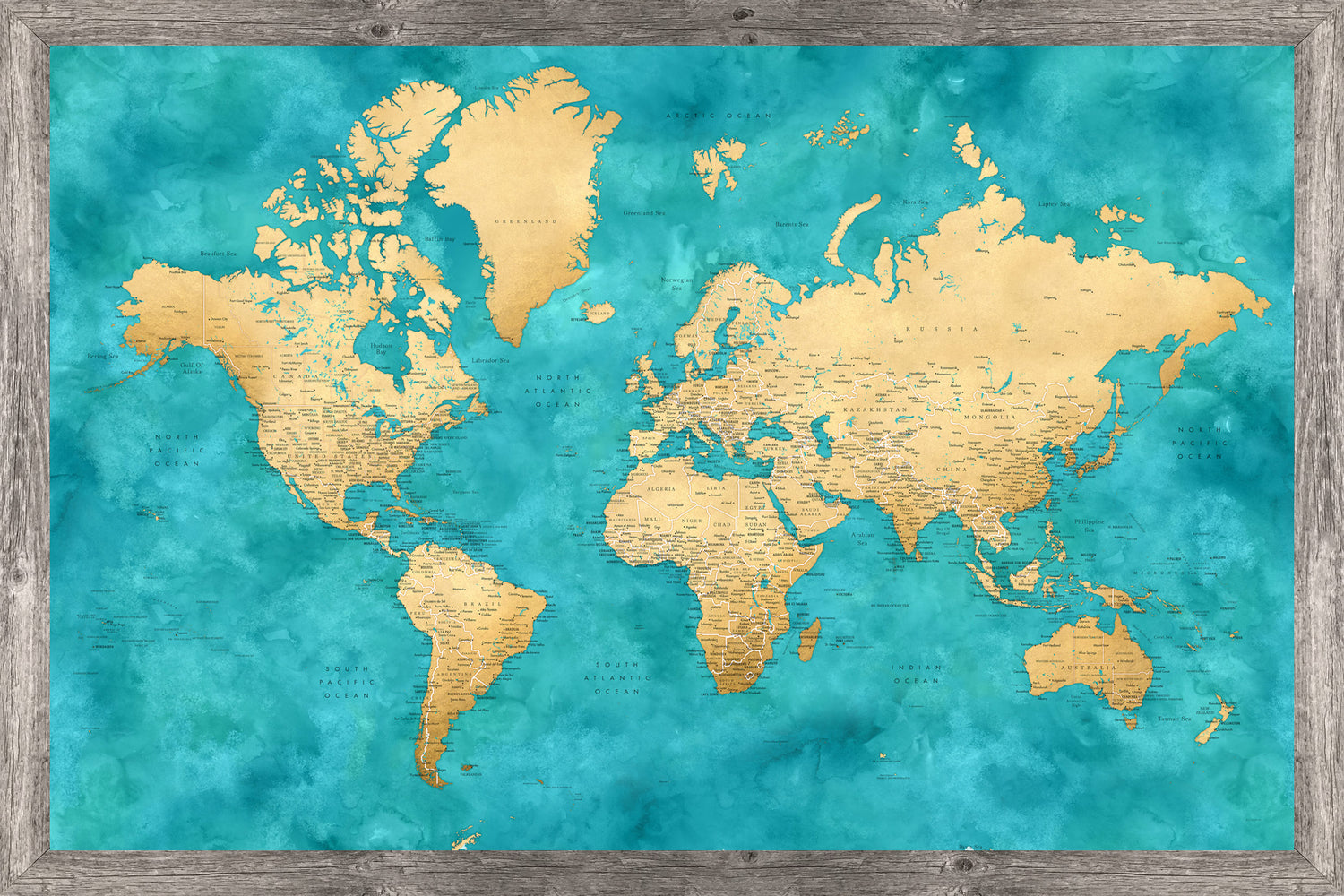 Bold Turquoise World 33x22 Frame Brownwood Grey Framed Magnetic Travel Map