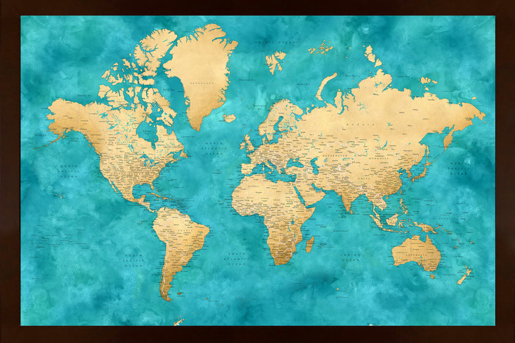 Bold Turquoise World 33x22 Frame Espresso Framed Magnetic Travel Map 