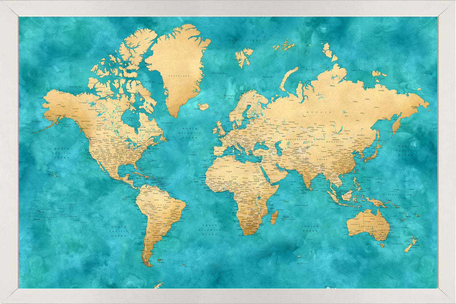 Bold Turquoise World 33x22 Frame White Framed Magnetic Travel Map