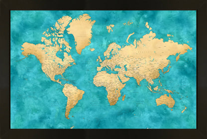 Bold Turquoise World 37x25 Frame Black Framed Magnetic Travel Map
