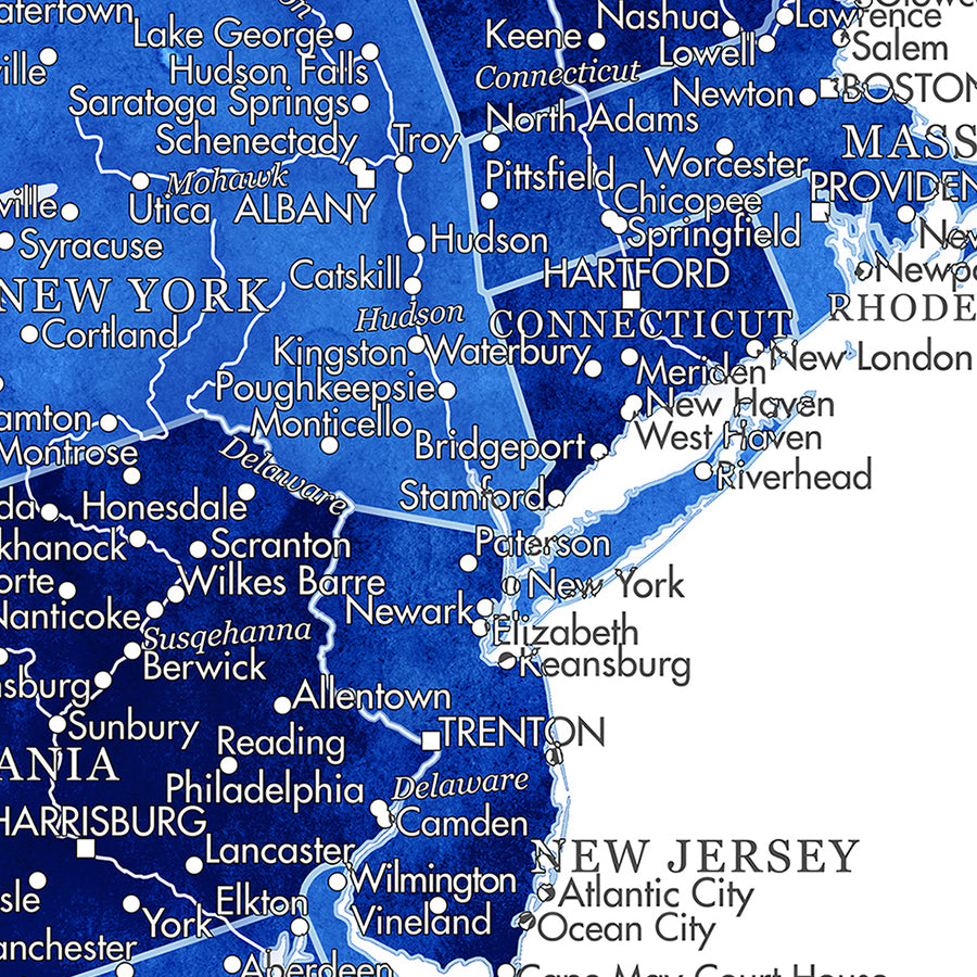 Close up our blue travel map of tri state area