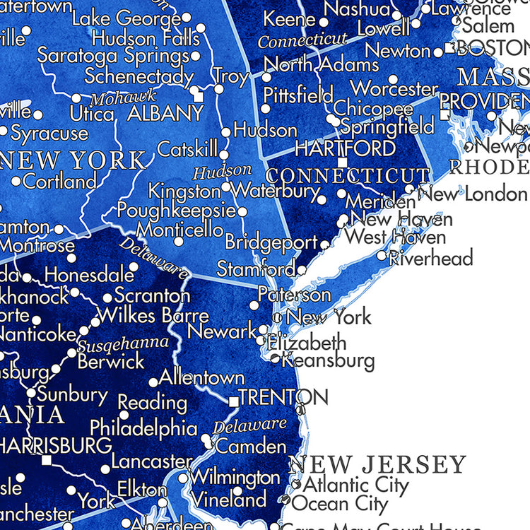 Close up our blue travel map of tri state area