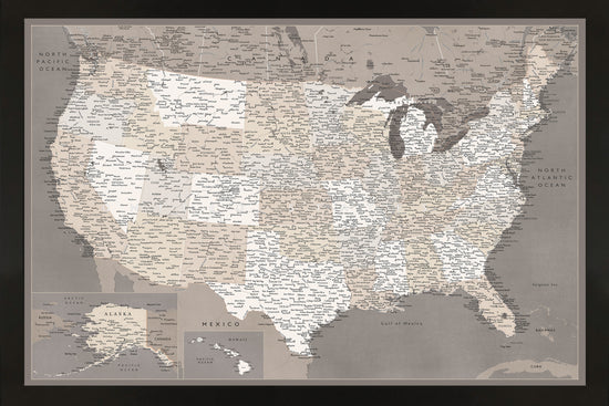 Framed Magnetic Travel Map - Taupe Tones