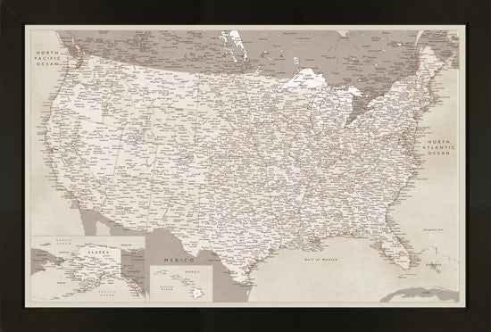Framed Magnetic Travel Map Large - Vintage Distressed